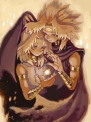 2boys armlet cape chain chain_necklace closed_mouth cropped_torso dark-skinned_male dark_skin facial_mark jewelry long_sleeves male_focus marik_ishtar moiko multiple_boys necklace purple_cape purple_eyes purple_shirt shared_cape shared_clothes shirt third_eye white_hair yami_marik yu-gi-oh! yu-gi-oh!_duel_monsters