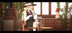1641_(chfhrtor94) 1girl absurdres black_hat black_skirt black_vest blonde_hair book bookshelf cake cake_slice chair collared_shirt commentary crossed_legs cup cupcake dolls_in_pseudo_paradise drawer flower food hat hat_ornament highres holding holding_cup indoors jacket_girl_(dipp) korean_commentary leaf_hat_ornament letterboxed long_sleeves macaron neck_ribbon plant potted_plant red_eyes red_flower red_ribbon ribbon saucer shirt sitting skirt smile solo table teacup tiered_tray touhou vase vest vines white_shirt window