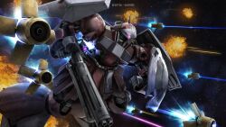 absurdres battle beam_cannon char&#039;s_counterattack company_name copyright_notice energy energy_beam explosion funnels_(gundam) glowing glowing_eye gundam gundam_battle_operation_2 highres holding holding_weapon jagd_doga_quess_custom machinery mecha mecha_focus mobile_suit neo_zeon no_humans official_art one-eyed painting_(medium) pink_eyes realistic robot scan science_fiction solo space sunrise_(company) tenjin_hidetaka thrusters traditional_media weapon