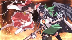 2girls absurdres arm_cannon ascot bird_wings black_footwear black_hair black_wings bow breasts brown_eyes brown_hair buttons cape collared_shirt control_rod_(touhou) detached_sleeves duel energy_ball fighting fire frilled_bow frilled_hair_tubes frilled_shirt frilled_shirt_collar frilled_skirt frills gohei green_bow green_skirt hair_bow hair_tubes hakurei_reimu highres large_breasts long_hair mary_janes midriff multiple_girls navel o1118 orb puffy_short_sleeves puffy_sleeves red_bow red_shirt red_skirt reiuji_utsuho ribbon-trimmed_sleeves ribbon_trim sarashi shirt shoes short_sleeves sidelocks skirt skirt_set sleeveless sleeveless_shirt smile talisman third_eye touhou weapon white_cape white_shirt white_sleeves wide_sleeves wings yellow_ascot yin_yang yin_yang_orb