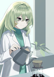 1girl absurdres black_nails coat commentary_request earrings erio_dazima green_hair green_sweater highres holding honkai_(series) honkai_impact_3rd indoors jewelry lab_coat long_hair mobius_(honkai_impact) mobius_(pre-surgery)_(honkai_impact) plant potted_plant pouring smile solo sweater turtleneck turtleneck_sweater white_coat
