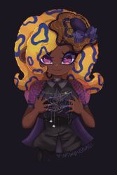 1girl artist_name black_background black_bow bow breasts bug cephalopod_eyes cropped_torso dark-skinned_female dark_skin halloween hands_up heart highres infamousavages large_breasts long_hair looking_at_viewer multicolored_hair nintendo octoling orange_hair patterned_hair purple_eyes shadow short_sleeves silk simple_background smile solo spider spider_web splatoon_(series) splatoon_3 tao_blu tentacle_hair