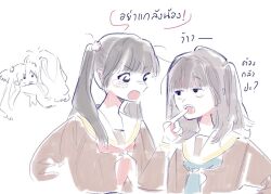 Rule 34 | 4girls, animification, aqua neckerchief, black hair, brown dress, brown hair, colored speech bubble, dress, fang, fangs, flower, fujishima megumi, hair flower, hair ornament, hasu no sora school uniform, kan kanna, link! like! love live!, long hair, long sleeves, love live!, multiple girls, neckerchief, open mouth, osawa rurino, pink flower, pipi (m1x mix), real life, red neckerchief, sailor collar, sailor dress, school uniform, simple background, skin fang, speech bubble, thai text, translation request, tsukine kona, twintails, two side up, virtual youtuber, voice actor, white background, white sailor collar, winter uniform