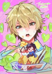 2boys absurdres apple apple_slice arm_up black_hair black_pants blonde_hair brown_eyes cherry durarara!! eating eromkk food food_on_face fruit grapes hair_between_eyes heart heiwajima_shizuo highres holding holding_plate holding_spoon holding_utensil jitome male_focus mini_person miniboy multiple_boys nervous_sweating open_mouth orihara_izaya pants parted_bangs plate pocky pudding purple_background red_eyes shirt short_hair sitting spoon sweat teeth tongue utensil whipped_cream white_shirt
