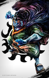 1boy 2017 artist_name black_hair blue_skin chest_tattoo colored_skin commentary curly_eyebrows english_commentary english_text facial_hair fish_boy full_body goatee highres jinbe_(one_piece) long_hair looking_at_viewer male_focus one_piece sandals scar scar_across_eye scar_on_face sharp_teeth signature solo su_jiayi sun_symbol sun_tattoo tan tan_tattoo tattoo teeth tusks webbed_hands