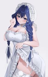 blue_eyes blue_hair braid breasts choker cleavage clothes_lift dress frilled_dress frills garter_belt garter_straps hololive hololive_english lace lace_choker large_breasts lifting_own_clothes maid_headdress no_panties nyan ouro_kronii ouro_kronii_(maid) ribbon skirt skirt_lift sui1k0 virtual_youtuber white_background white_choker white_garter_straps white_ribbon