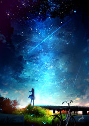 1girl amatsuki_rei bicycle black_hair black_jacket black_socks blue_sky bridge bush cloud dress fantasy grass highres jacket long_hair long_sleeves looking_up original scenery shooting_star signature sky socks solo standing star_(sky) starry_sky white_dress