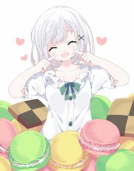 1girl :d ^_^ blush checkerboard_cookie closed_eyes collarbone commentary_request cookie dress_shirt facing_viewer female_focus fingers_to_cheeks food hair_ornament head_tilt highres in_food long_hair macaron open_mouth original puffy_short_sleeves puffy_sleeves revision shirt short_sleeves silver_hair simple_background smile solo tantan_men_(dragon) white_background white_shirt x_hair_ornament