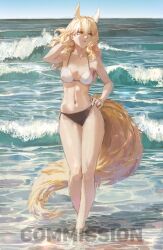 1girl alternate_costume animal_ear_fluff animal_ears arknights bikini black_bikini blonde_hair breasts closed_mouth collar commentary contrapposto english_commentary full_body gandy_(gan3e46) hair_between_eyes hand_on_own_hip hand_up highres horse_ears horse_girl horse_tail long_hair long_sidelocks looking_to_the_side medium_breasts mismatched_bikini navel nearl_(arknights) ocean outdoors side-tie_bikini_bottom sidelocks soaking_feet solo swimsuit tail watermark waves wet white_bikini yellow_eyes yellow_tail