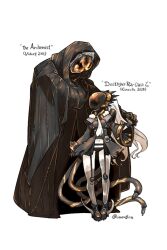 1boy 1girl abyssal_ship black_boots black_cloak black_panties boots breasts character_name cloak copyright_name crossover gloves holding_hands hood hood_up hooded_cloak kantai_collection long_hair long_sleeves mask medium_breasts necktie oso_(toolate) panties ra-class_destroyer ra-class_destroyer_zeta simple_background torpedo twitter_username underwear vidocq white_background white_hair white_necktie