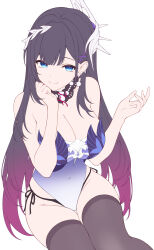 Rule 34 | 1girl, absurdres, bare shoulders, black hair, black panties, black thighhighs, blue eyes, blue leotard, breasts, cleavage, commentary request, gradient hair, hair ornament, highres, honkai: star rail, honkai (series), hysilens (honkai: star rail), large breasts, leotard, long hair, looking at viewer, multicolored hair, origami (poinia), panties, purple hair, simple background, smile, solo, thighhighs, thighs, two-tone hair, underwear, unfinished, very long hair, white background