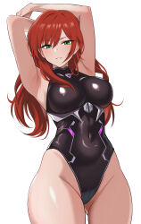 1girl armpits arms_up black_leotard breasts covered_collarbone covered_navel eyebrows_hidden_by_hair eyes_visible_through_hair facing_viewer green_eyes hair_between_eyes heattech_leotard highleg highleg_leotard highres kayra_(namu_(112namu)) large_breasts leotard long_hair looking_at_viewer namu_(112namu) original red_hair sleeveless sleeveless_turtleneck_leotard solo standing swept_bangs teeth thighs turtleneck white_background