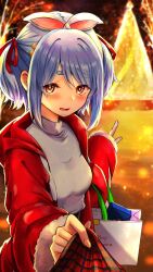 1girl animal_ears bag blue_hair blush breasts carrot_hair_ornament christmas commentary_request don-chan_(usada_pekora) food-themed_hair_ornament fur-trimmed_sleeves fur_trim grey_shirt hair_ornament hair_ribbon highres hololive hood hood_down hooded_jacket jacket kiritoma long_sleeves looking_at_viewer night open_clothes open_jacket outdoors paper_bag parted_lips pointing rabbit-shaped_pupils rabbit_ears red_eyes red_jacket red_ribbon ribbon shirt short_eyebrows sleeves_past_wrists small_breasts solo symbol-shaped_pupils thick_eyebrows tree turtleneck turtleneck_shirt two_side_up usada_pekora virtual_youtuber