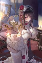 1girl absurdres arm_under_breasts between_breasts black_hair bow breasts broken_glass broken_mirror candle dress flower glass goddess_of_victory:_nikke hair_bow hair_flower hair_ornament highres large_breasts long_hair mihara_(nikke) mirror purple_eyes red_brooch red_flower red_rose rose rossy_(yowayowachimpo) solo sweat thighhighs weighing_scale white_bow white_dress