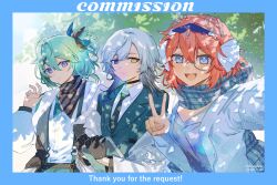 3girls absurdres aqua_jacket black_gloves blazer blue_border blue_eyes blue_scarf border borrowed_character breasts closed_mouth collared_shirt commission dappled_sunlight day double-parted_bangs gloves green_hair grey-framed_eyewear hair_between_eyes half_updo heterochromia highres jacket light_particles monocle multiple_girls open_mouth original outdoors pink_hair plaid_clothes plaid_scarf purple_eyes scarf second-party_source semi-rimless_eyewear shirt shn_(pixiv13049621) side-by-side small_breasts split_mouth sunlight thank_you under-rim_eyewear upper_body v white_hair white_shirt wing_collar yellow_eyes