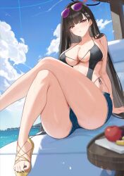 1girl absurdres alternate_costume black_hair black_halo black_one-piece_swimsuit blue_archive bright_pupils halo highres kakumayu multicolored_halo one-piece_swimsuit red_eyes ringed_eyes rio_(blue_archive) solo swimsuit two-tone_halo white_pupils