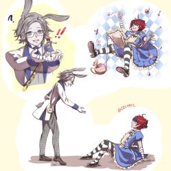 ! !! 2boys ahoge alice_(alice_in_wonderland) alice_(alice_in_wonderland)_(cosplay) alice_in_wonderland_(disney) aotsuki_eito black_hair black_pantyhose black_stripes blue_dress chain crossdressing dress eye_contact falling full_body gold_chain grey_hair looking_at_another male_focus messy_hair multicolored_hair multiple_boys outstretched_arm outstretched_arms outstretched_hand pantyhose rabbit_ears rabbit_tail red_hair sitting striped_clothes striped_pantyhose sumino_takumi the_hundred_line_-last_defense_academy- white_background white_pantyhose white_rabbit_(alice_in_wonderland) white_rabbit_(alice_in_wonderland)_(cosplay) white_stripes yellow_background