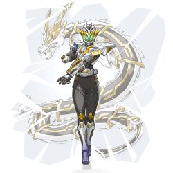 1girl advent_deck armor artist_name belt_buckle black_bodysuit bodysuit buckle card commentary dragon full_body fusion glowing glowing_eyes helmet highres holding holding_card honkai:_star_rail honkai_(series) kamen_rider kamen_rider_ryuki kamen_rider_ryuki_(series) looking_at_viewer power_armor rider_belt sam_(honkai:_star_rail) simple_background solo to_ze v_buckle white_armor white_background white_helmet