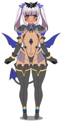 1girl areola_slip black_gloves blush boots breasts cameltoe corruption covered_erect_nipples dark-skinned_female dark_persona dark_skin demon_girl demon_tail demon_wings elbow_gloves frozen_gingasan full_body gloves gunslinger_stratos heart heart_tattoo highres long_hair looking_at_viewer low_wings medium_breasts navel pink_hair pubic_tattoo rindou_shizune simple_background skirt slave_gear slingshot_swimsuit small_breasts smile solo standing swimsuit tail tattoo thigh_boots thighhighs ts_magical_girl_nao twintails white_background wide_hips wings yellow_eyes