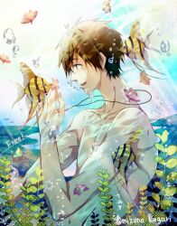Rule 34 | 1boy, air bubble, animal, arm up, blush, brown hair, bubble, collarbone, commentary request, copyright name, fish, flower, free!, from side, green eyes, male focus, mizuno kagari, nude, ocean, pectorals, pink flower, pixiv username, seaweed, short hair, smile, solo, tachibana makoto, teeth, tropical fish, underwater, upper body, upper teeth only, water