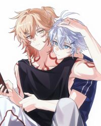 2boys antenna_hair black_shirt blue_eyes blue_shirt braid casual closed_mouth facial_tattoo grey_hair hair_ornament hairclip headpat highres holding holding_phone honkai:_star_rail honkai_(series) hug jxunnnno looking_at_another male_focus medium_hair multiple_boys mydei_(honkai:_star_rail) orange_hair phainon_(honkai:_star_rail) phone red_tattoo shirt short_hair short_sleeves simple_background sitting sleeveless sleeveless_shirt tattoo upper_body white_background yaoi yellow_eyes yellow_pupils
