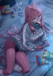 Rule 34 | 1girl, ahoge, bag, black ribbon, breasts, character request, chips (food), commentary request, controller, eating, food, game controller, glasses, grey jacket, hair ribbon, highres, holding, holding controller, holding game controller, indoors, jacket, koyuki (kotatsu358), large breasts, leg warmers, leggings, long hair, long sidelocks, long sleeves, low-tied sidelocks, lying, neet de otaku na kunoichi to naze ka dousei hajimemashita, no shoes, on side, pink hair, pink leggings, purple eyes, ribbon, sidelocks, solo, spread legs, very long hair, white leg warmers