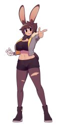 1girl :d absurdres animal_ear_fluff animal_ears black_boots black_eyes black_pantyhose black_shorts black_sports_bra boots breasts brown_hair cleavage commentary crop_top cropped_jacket dark-skinned_female dark_skin emi_(fizintine) fang fizintine full_body fur-trimmed_jacket fur_trim grey_jacket highres jacket large_breasts legs_apart mechanical_arms medium_hair midriff navel no_pupils open_clothes open_jacket open_mouth original pantyhose pointing pointing_at_viewer rabbit_ears rabbit_girl rabbit_tail short_shorts shorts simple_background single_mechanical_arm smile solo sports_bra standing tail teeth torn_clothes torn_pantyhose upper_teeth_only v-shaped_eyebrows white_background