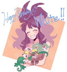 1girl alomomola blush brown_hair character_name closed_eyes commentary_request deerling duosion eyelashes game_freak gen_5_pokemon grin happy_birthday high_ponytail highres hilda_(pokemon) hime_(himetya105) holding holding_pokemon long_hair nintendo pokemon pokemon_(creature) pokemon_adventures ponytail serperior sidelocks smile stunfisk teeth vullaby