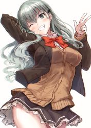 1girl aqua_eyes aqua_hair arm_behind_head beige_cardigan blazer brown_jacket cardigan frilled_skirt frills grin hair_ornament hairclip head_tilt jacket kantai_collection long_hair looking_at_viewer orange_neckwear pleated_skirt school_uniform simple_background skirt smile solo suien suzuya_(kancolle) v white_background