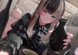 1girl ahoge black_hair blue_eyes blunt_bangs blush bottle diner dress fingernails gothic_lolita green_dress grey_hair highres hololive hololive_dev_is ichijou_ririka juufuutei_raden juufuutei_raden_(1st_costume) lolita_fashion long_hair looking_at_viewer motoi_(croa76) multicolored_hair otonose_kanade plate sidelocks smile streaked_hair todoroki_hajime todoroki_hajime_(1st_costume) uneven_eyes virtual_youtuber