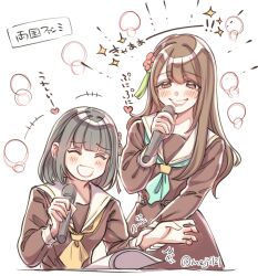 2girls :d ^_^ animification aqua_neckerchief black_hair blunt_bangs bob_cut brown_dress brown_hair closed_eyes commentary_request dress flower grin hair_flower hair_ornament hanamiya_nina hasu_no_sora_school_uniform heart highres holding holding_another&#039;s_wrist holding_microphone link!_like!_love_live! long_hair looking_at_another love_live! meiji_(mosamoo3) microphone mole mole_under_eye motion_lines multiple_girls neckerchief open_mouth raised_inner_eyebrows real_life red_flower sailor_collar sailor_dress sakurai_hina school_uniform short_hair simple_background smile sparkle spoken_heart tassel tassel_hair_ornament translation_request twitter_username voice_actor white_background white_sailor_collar winter_uniform yellow_neckerchief