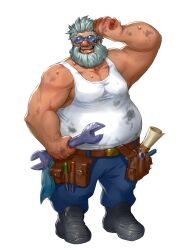 Rule 34 | 1boy, bara, beard, belt, belt pouch, black shoes, blue pants, dairoku ryouhei, facial hair, fat, fat man, ginyama shohei, goggles, grey hair, hand up, holding, holding wrench, k macchina, messy, muscular, muscular male, open mouth, pants, pouch, screwdriver, shirt, shoes, solo, sweat, transparent background, white shirt, wiping forehead, wrench