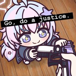 Rule 34 | 1girl, ahoge, blue archive, blue hair, blush, closed mouth, commentary, english text, go do a crime (meme), gun, hair ornament, halo, handgun, highres, holding, holding gun, holding weapon, light blue hair, long hair, long sleeves, meme, multicolored hair, noredji, pink hair, pink halo, reisa (blue archive), school uniform, smile, solo focus, star (symbol), star hair ornament, star halo, twintails, weapon