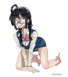 1girl all_fours black_hair bow bowtie braid breasts brown_eyes daferq full_body glasses high_heels highres jimiko long_hair long_sleeves office_lady open_mouth original pencil_skirt shirt skirt solo twin_braids white_background