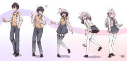 1boy 1girl ? absurdres ahoge alisa_mikhailovna_kujou bike_shorts black_eyes black_hair blue_eyes blue_pants blue_skirt blush bow breasts brown_cardigan brown_shoes can cardigan genderswap genderswap_(mtf) gradient_background grey_hair hair_ribbon highres kuze_masachika long_hair medium_breasts pants pleated_skirt pout red_bow red_ribbon ribbon school_uniform sequential shoes skirt surprised thighhighs tokidoki_bosotto_roshia-go_de_dereru_tonari_no_alya-san transformation transforming_clothes unmeiyuu white_thighhighs