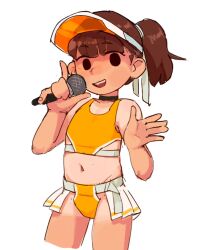 Rule 34 | 1girl, black choker, brown hair, character request, cheerleader, choker, copyright request, dui (duihan), flat chest, highres, medium hair, microphone, navel, ponytail, simple background, sketch, sports bra, tan, tanline, visor cap, white background