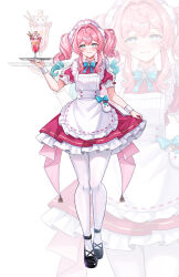 1girl absurdres alternate_costume animal-themed_food apron aqua_hair black_shoes blue_bow blue_bowtie blush bow bowtie breasts closed_mouth collared_dress colored_tips commentary cup dress enmaided food frilled_dress frills fruit full_body gradient_hair green_eyes highres holding holding_tray honkai:_star_rail honkai_(series) hyacine_(honkai:_star_rail) long_hair looking_at_viewer maid maid_headdress multicolored_hair pantyhose parfait pink_dress pink_hair puffy_short_sleeves puffy_sleeves shoes short_sleeves skirt_hold small_breasts smile solo ssatang_118 strawberry tray twintails two-tone_hair wafer_stick white_apron white_pantyhose white_wrist_cuffs wrist_cuffs zoom_layer