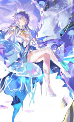 1girl absurdres asymmetrical_legwear blue_eyes breasts cantarella_(wuthering_waves) chinese_commentary closed_mouth commentary_request crossed_legs hair_between_eyes headdress high_heels highres holding holding_umbrella jellyfish kneehighs large_breasts legwear_cutout milbi parasol purple_umbrella shoes shrug_(clothing) single_kneehigh single_sock single_thighhigh sitting smile socks solo thighhighs umbrella uneven_legwear white_shoes white_shrug white_socks white_thighhighs wuthering_waves