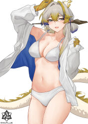 1girl :d absurdres alternate_costume arknights arm_up artist_logo artist_name blonde_hair blue_shirt blush bra breasts chinese_commentary cleavage collarbone colored_extremities commentary cowboy_shot dragon_girl dragon_horns dragon_tail grey_eyes grey_hair hair_between_eyes hair_intakes hand_up highres horns large_breasts logo long_hair looking_at_viewer multicolored_hair navel no_earrings open_mouth panties pointy_ears purple_hair shirt shu_(arknights) simple_background smile solo standing steaming_body tail two-sided_shirt underwear white_background white_bra white_panties white_shirt yu-ting_rainplus