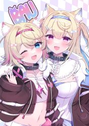 Rule 34 | 2girls, animal ear fluff, animal ears, bandaid, bandaid hair ornament, black jacket, blonde hair, blue eyes, blue hair, blush, breasts, collarbone, dog ears, dog girl, fuwawa abyssgard, fuwawa abyssgard (1st costume), hair between eyes, hair intakes, hair ornament, hairclip, headphones, hololive, hololive english, horn hairband, ikanikannika, jacket, large breasts, long hair, long sleeves, looking at viewer, medium breasts, midriff, mococo abyssgard, mococo abyssgard (1st costume), multiple girls, navel, one eye closed, open clothes, open jacket, open mouth, parallel hairclips, pink eyes, pink hair, pink nails, shirt, short hair, siblings, sisters, smile, stomach, twins, unworn headphones, virtual youtuber, white shirt, wide sleeves, x hair ornament