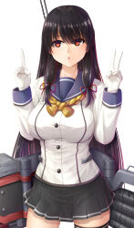 1girl absurdres black_hair blush breasts commentary_request gloves hair_ornament hair_ribbon highres isokaze_(kancolle) kantai_collection large_breasts long_hair long_sleeves looking_at_viewer neckerchief pleated_skirt red_eyes ribbon rigging school_uniform seiya_(iiseven) serafuku skirt smile solo tress_ribbon very_long_hair white_gloves yellow_neckerchief