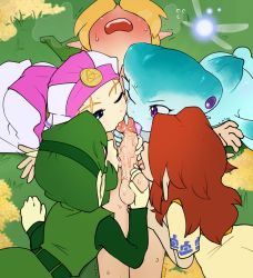 1boy 4girls blonde_hair blue_eyes blush brown_hair caress caressing_testicles kodomo_doushi erection feet_out_of_frame fellatio grass green_hair harem heavy_breathing hetero highres interspecies legs_together licking licking_penis link loli long_pointy_ears lying malon monster_girl multiple_girls navi nintendo on_back on_floor on_grass one_eye_closed oral outdoors paperclip_(artist) penis pointy_ears princess_ruto princess_zelda purple_eyes saria_(zelda) shota sweat testicle_grab testicles the_legend_of_zelda the_legend_of_zelda:_ocarina_of_time tongue trembling uncensored young_link young_zelda zora
