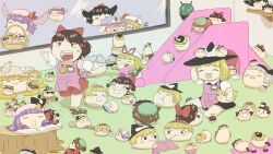 6+girls absurdres against_window anger_vein animal_ears apron asura-table basket black_hair blonde_hair blush book bow broom brown_hair cat_ears character_request chen closed_eyes commission crescent crescent_hat_ornament flandre_scarlet fox_ears green_hair grey_hair hair_bow hair_tubes hakurei_reimu hat hat_bow hat_ornament highres hong_meiling kindergarten_teacher kirisame_marisa knitting_needle konpaku_youmu koyukkuri mob_cap multiple_girls name_tag needle open_mouth patchouli_knowledge pink_apron pink_hair pixiv_commission plate poop purple_hair red_bow red_hair reiuji_utsuho remilia_scarlet slide smile sunglasses tears tongue tongue_out touhou tree_stump white_bow wings wriggle_nightbug yakumo_ran yakumo_yukari yarn yarn_ball yukkuri_abuse yukkuri_shiteitte_ne