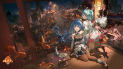 2girls aerial_fireworks ahoge arm_armor armor black_shirt black_skirt blue_hair blush boat breasts brown_pantyhose building cake cherry_blossoms chopsticks city cityscape collared_shirt curly_hair dragon dress elbow_gloves fingerless_gloves fireworks fish floating flower food fork gloves goldfish green_dress green_hair green_hairband hair_between_eyes hair_ornament hairband hand_fan hand_up happy happy_new_year highres holding indoors lamp large_breasts light logo long_hair looking_at_viewer mountain multiple_girls new_year night night_sky on_ground open_mouth open_window original pantyhose petals pink_flower pink_petals plate pleated_skirt qingming_tiaohetu red_eyes red_ribbon ribbon river shirt short_hair sitting skirt sky strapless strapless_shirt sword table tassel tongue tree two_side_up vase watercraft weapon white_footwear white_trim window