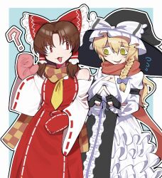 2girls :3 ? @_@ bags_under_eyes benikurage_(cookie) black_gloves black_hat blonde_hair blue_background blush bow braid breasts brown_hair checkered_clothes checkered_scarf cleavage commentary_request cookie_(touhou) cowboy_shot detached_sleeves dress flying_sweatdrops frilled_bow frilled_hair_tubes frilled_hat frills gloves hair_bow hair_tubes hakurei_reimu hand_up hat hitsuji_tamura index_fingers_together kirisame_marisa large_breasts long_hair looking_at_another looking_to_the_side mars_(cookie) mittens multiple_girls necktie open_mouth orange_scarf parted_bangs partially_fingerless_gloves petticoat red_bow red_dress red_eyes red_mittens red_scarf ribbon-trimmed_sleeves ribbon_trim scarf short_hair side_braid single_braid sleeveless sleeveless_dress slit_pupils smile touhou two-tone_background white_background white_sleeves witch_hat yellow_eyes yellow_necktie
