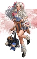 1girl absurdres bag blush bow character_doll curly_hair doll earrings elf frieren handbag highres himmel_(sousou_no_frieren) holding hoop_earrings jewelry long_hair long_sleeves looking_at_viewer non-web_source pointy_ears smile solo sousou_no_frieren stuffed_toy