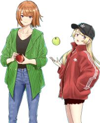 2girls apple baseball_cap black_headwear black_shirt blonde_hair blue_eyes blue_pants brown_hair brown_skirt closed_mouth collarbone cowboy_shot denim flying_witch food fruit green_apple green_jacket hand_in_pocket hat highres holding holding_food holding_fruit inukai_(flying_witch) ishizuka_chihiro jacket jewelry long_hair looking_at_viewer medium_hair multiple_girls necklace official_art open_mouth pants apple red_jacket shiina_anzu_(flying_witch) shirt simple_background skirt smile white_background
