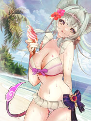 1girl absurdres beach bikini blue_hair blue_sky breasts chicanaction commentary_request cowboy_shot food genshin_impact highres holding holding_food holding_ice_cream ice_cream large_breasts licking_lips long_hair looking_at_viewer navel ocean outdoors pointy_ears sky soft_serve solo stomach swimsuit tail thighs tongue tongue_out white_bikini yumemizuki_mizuki