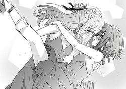 2girls bare_shoulders blush breasts cleavage commentary dancing dress earrings eye_contact greyscale half_updo jewelry long_hair looking_at_another lwmina70119 miyagi_shiori monochrome multiple_girls open_mouth sendai_hazuki short_hair shuuniichido_classmate_wo_kau_hanashi sleeveless sleeveless_dress small_breasts yuri