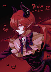 1girl black_background black_bow black_bowtie black_dress black_horns bow bowtie character_name closed_mouth collar collared_dress demon_girl demon_horns demon_wings dialo_(funamusea) dress expressionless eyelashes from_side funamusea gradient_background haiiro_teien hair_between_eyes heart highres horns long_hair long_sleeves looking_at_viewer low_twintails profile red_background red_hair red_wings sharp_teeth skull solo teeth twintails upper_body vmein_46 white_collar wings
